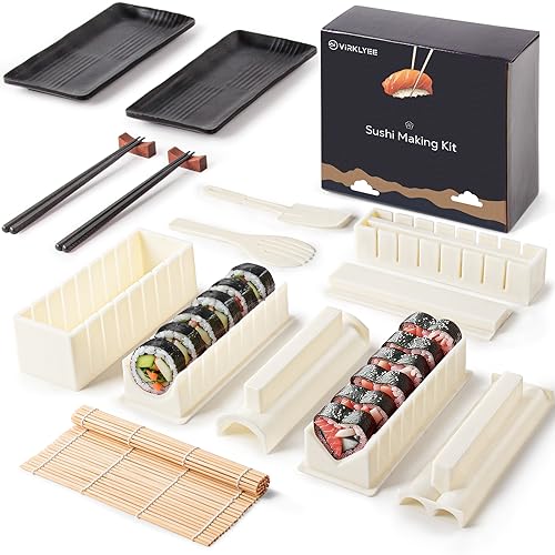 Virklyee Sushi Making Kit 17 Stück Sushi-Set Sushi Form Set Mehrere Formen DIY Sushi Selbst Machen Set, Sushi-Matten, Sushi-Teller,Essstäbchen, Sushi Rolls, für Anfänger zu Hause (Weiß) von Virklyee