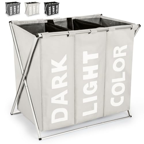 Virklyee Wäschesortierer 3 Fächern Oxford Wäschekorb Sortierer 100L Wäschesammler 600D Oxford-Stoff Faltbar Abnehmbar mit Griff Kleidung Organisieren Wäschekammer Balkon Schlafzimmer(Beige) von Virklyee