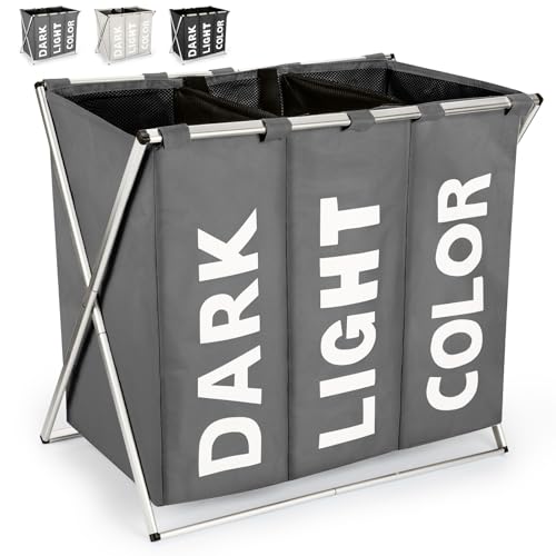 Virklyee Wäschesortierer 3 Fächern Oxford Wäschekorb Sortierer 100L Wäschesammler 600D Oxford-Stoff Faltbar Abnehmbar mit Griff Kleidung Organisieren Wäschekammer Balkon Schlafzimmer(Grau) von Virklyee