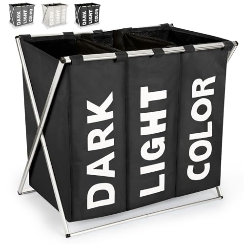 Virklyee Wäschesortierer 3 Fächern Oxford Wäschekorb Sortierer 100L Wäschesammler 600D Oxford-Stoff Faltbar Abnehmbar mit Griff Kleidung Organisieren Wäschekammer Balkon Schlafzimmer(Schwarz) von Virklyee