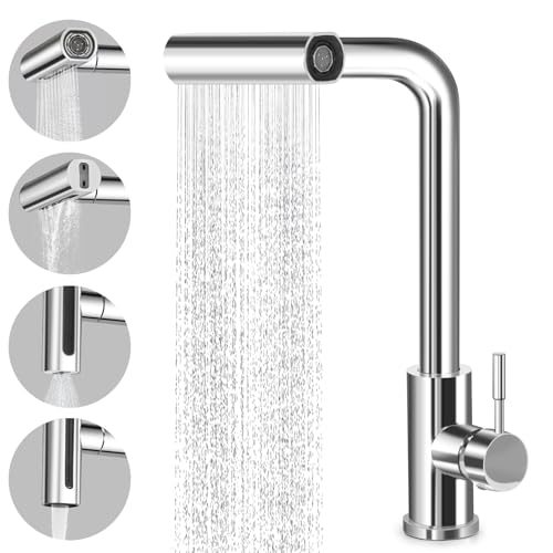 Virklyee Wasserfall Küchenarmatur Ausziehbar 360° Drehbar Spültischarmatur Wasserhahn Ausziehbar mit Brause 4 Modus,Edelstahl (Silber) von Virklyee