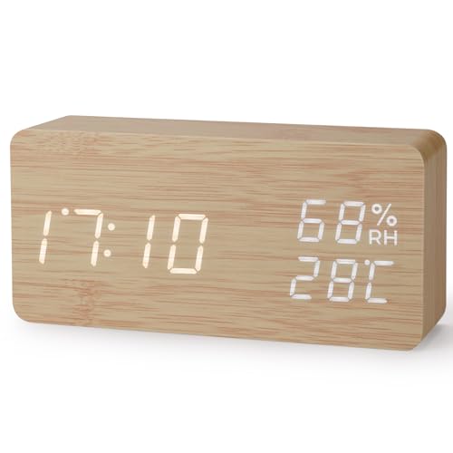 Virklyee Wecker aus Holz digital Würfel Uhr Digitaler Wecker mit LED Temperaturanzeige,12/24HR,3 Stufen einstellbar Helligkeit, mit USB-Ladeanschluss (Rechteck Holzfarbe) von Virklyee