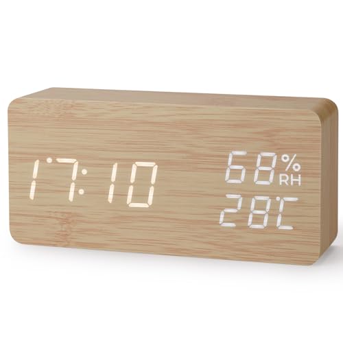 Virklyee Wecker aus Holz digital Würfel Uhr Digitaler Wecker mit LED Temperaturanzeige,12/24HR,3 Stufen einstellbar Helligkeit, mit USB-Ladeanschluss (Rechteck Holzfarbe) von Virklyee