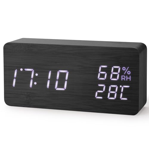 Virklyee Wecker aus Holz digital Würfel Uhr Digitaler Wecker mit LED Temperaturanzeige,12/24HR,3 Stufen einstellbar Helligkeit, mit USB-Ladeanschluss (Rechteck Schwarz) von Virklyee