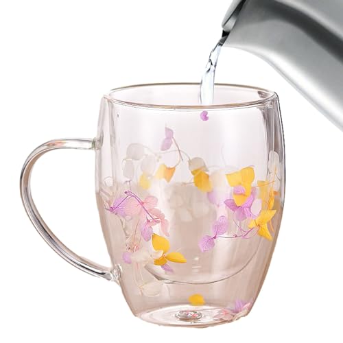 Doppelwandige Kaffeetassen, Gläser, Tassen mit getrockneten Blumen | Doppelwandige Glas-Kaffeetassen mit getrockneten Blumen, isolierte, hitzebeständige Glastasse mit getrockneten Blumen, Tassen von Virtcooy