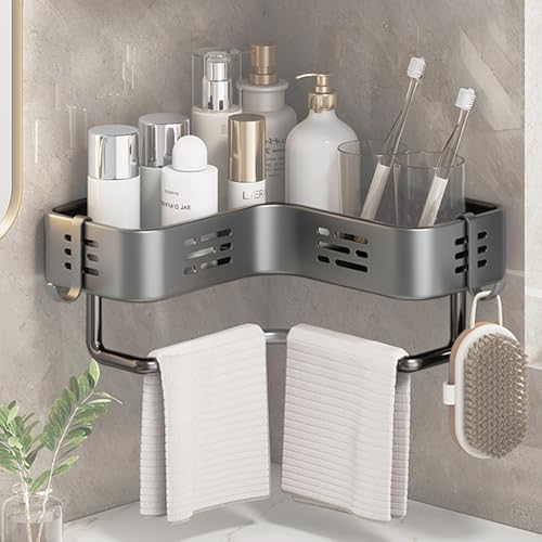 VirtuGro Duschablage Ohne Bohren Verdickte Duschablage Ecke Badezimmer Organizer Bad Regal Ohne Bohren Shampoo Halterung für Dusche Küchen Waschküche Mit 2 Haken Dunkelgrau von VirtuGro