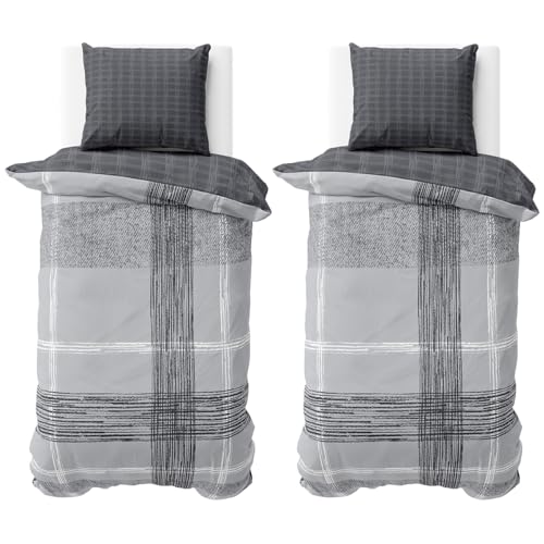 Visaggio 4 teilige Baumwolle Bettwäsche Anthrazit Grau 135x200 cm Wendebettwäsche Bettbezug Bezug Garnitur Set von Visaggio