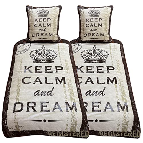 Visaggio 4 teilige Bettwäsche Mikrofaser 155x220 cm Bettbezug Bettgarnitur Beige Krone Keep Calm wählbar von Visaggio