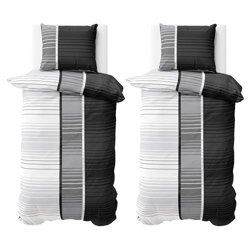 Visaggio 4 teilige Bettwäsche Set 135x200 cm Mikrofaser Bettbezug Anthrazit Grau Gestreift Streifen Bezug von Visaggio