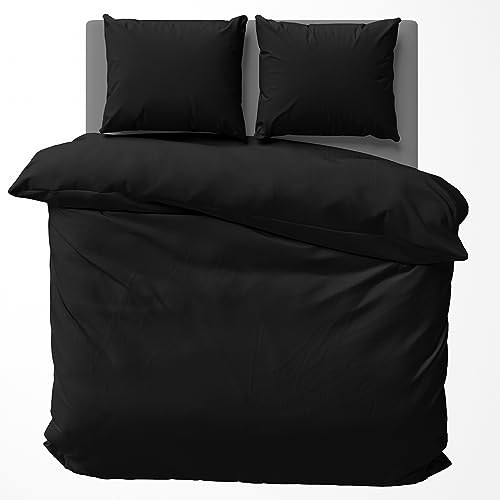 Visaggio Baumwolle Bettwäsche 200x200 + 2X(80x80) cm Einfarbige Bettbezug Garnitur Schlafzimmer Set Schwarz von Visaggio