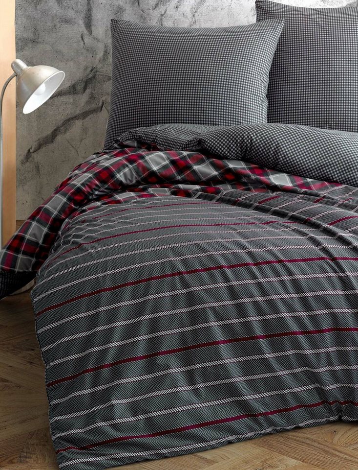 Visaggio Bettwäsche 100% Baumwolle Bettbezug Set in 6 Größen, Renforcé, 3 teilig, moderne Wendebettwäsche, grau bordeaux gestreift mit Reißverschluss von Visaggio