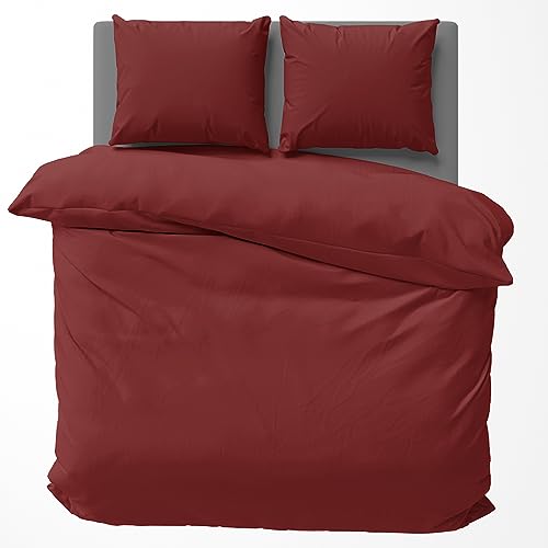 Visaggio Bettwäsche 155x220 cm 4 teilige Bettbezug Garnitur Set Baumwolle Renforce Uni Einfarbig Bordeaux von Visaggio