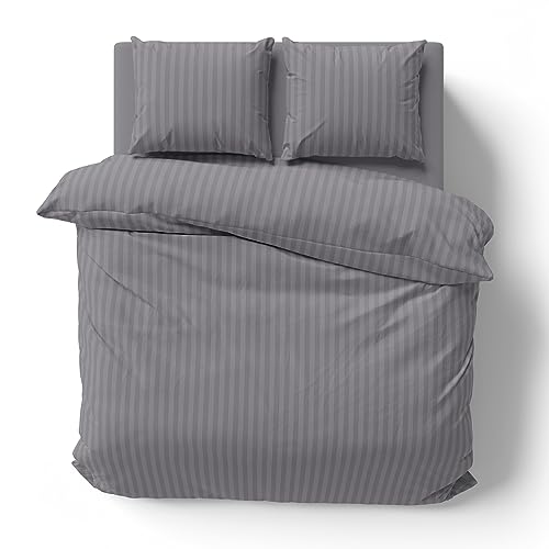 Visaggio Bettwäsche 200x200 + 2X(80x80) Premium Mikrofaser Damast Partner Bettbezug Kissenbezug Gestreift Garnitur Grau von Visaggio