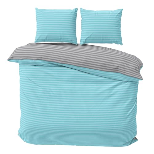 Visaggio Bettwäsche 240x220 cm + 2X Kissenbezüge 80x80 cm Türkis Grau Ehebett Bettbezug Wendebettwäsche 70% Baumwolle 30% Polyester 3teilig von Visaggio