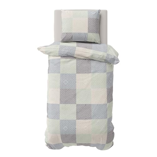 Visaggio Bettwäsche Set 155x220cm Design Bettbezug Garnitur Baumwolle Renforce Schlafzimmer Set Quadro Anthrazit Beige Grau Eukalyptus von Visaggio