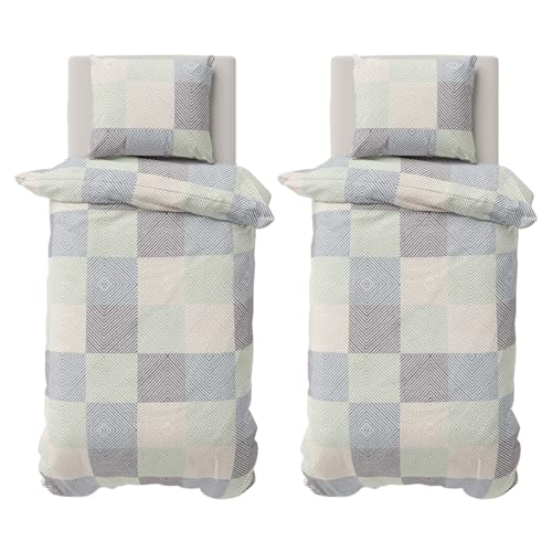 Visaggio Bettwäsche Set 4 teilig 155x220 + 80x80 cm Design Bezug Baumwolle Renforce Schlafzimmer Set Quadrate Anthrazit Beige Grau Eukalyptus von Visaggio