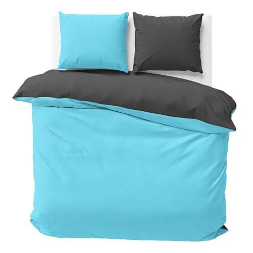 Visaggio Wende Bettwäsche Mikrofaser 240x220 cm Türkis Anthrazit Bettbezug Set Ganzjährig Kingsize Ehebett mit Reißverschluss von Visaggio