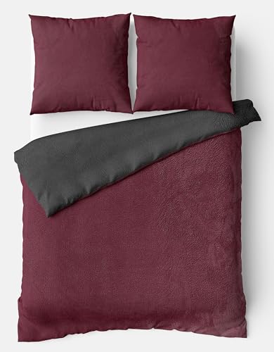 Visaggio Winter Bettwäsche 135x200 Thermo Fleece Flauschige Uni Wendebettwäsche Bettbezug warm kuschelig Bordeaux Grau von Visaggio