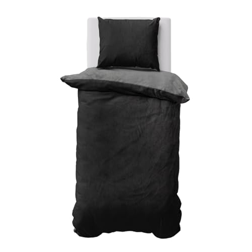 Visaggio Winter Bettwäsche 155x220 cm Teddy Plüsch Premium Cashmere Touch Warme Uni Fleece Wendefunktion Schwarz Grau von Visaggio