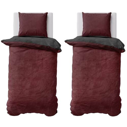 Visaggio Winter Plüsch Bettwäsche 155x220 cm 4 teilig Teddyplüsch Premium Cashmere Touch Warme Uni Wende Bettbezug Bordeaux Anthrazit von Visaggio