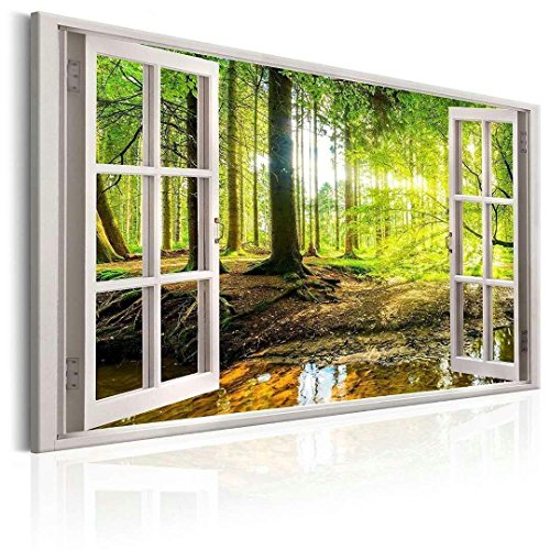 Visario 120 x 80 cm Bild auf Leinwand Fenster Blick Wald 5001-SCT deutsche Marke und Lager - Die Bilder/das Wandbild/der Kunstdruck ist fertig gerahmt von Visario
