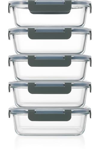 Visario 5 x Glas-Frischhaltedosen 370 ml pro Glasbox | 5er Set Klick-Dosen mit Deckel | Silikon Dichtungsring | Glasbehälter mit Deckel | Aufbewahrungsdosen von Visario