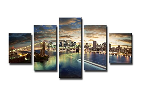 Visario 5562 Bilder und Kunstdrucke auf Leinwand Bild 160 x 80 cm, New York fünfteilig blau grün gelb schwarz von Visario