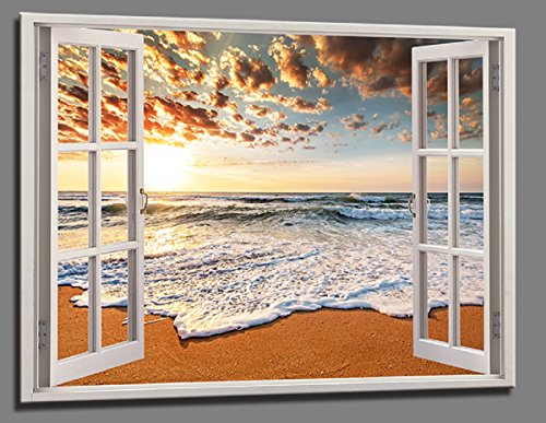 Visario Bild 120 x 80 cm auf Leinwand Strand Beach View Fensterblick 5006-SCT deutsche Marke und Lager - Die Bilder/das Wandbild/der Kunstdruck ist fertig gerahmt von Visario