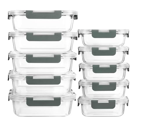 Visario Glas Frischhaltedosen Set 10 Stück (20 Teile) – 5x 1040ml & 5x 370ml, Luftdichte Bento Boxen, BPA-frei, mikrowellen- & spülmaschinengeeignet, Meal Prep Aufbewahrungsboxen von Visario