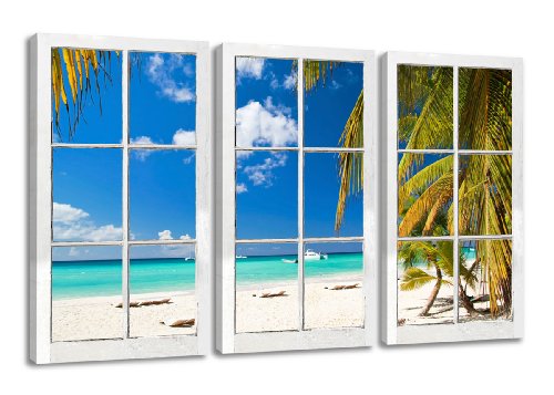 Visario Leinwandbilder 1164 Bild auf Leinwand Fenster mit Ausblick, Südsee, Urlaub fertig gerahmt, 3 Teile, 160 cm von Visario