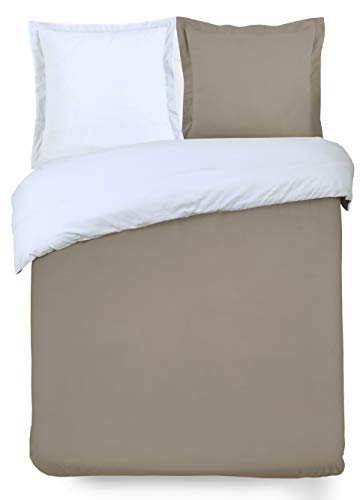 VISION Parure de couette Bicolore 100% coton - 1 housse de couette 220x240 cm + 2 taies 65x65 cm taupe et blanc von VISION