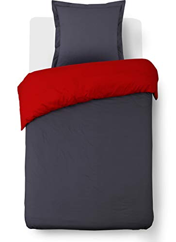 Vision - Wende-Bettwäsche, zweifarbig, Rot/Anthrazit – Bettbezug 140 x 200 cm, mit 1 Kissenbezug für Einzelbett, 100% Baumwolle von VISION