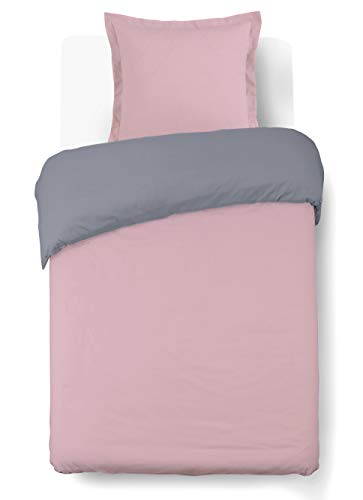 Vision - Wende-Bettwäsche, zweifarbig, Grau/Rosa, Set aus Bettbezug 140 x 200 cm mit 1 Kissenbezug für Einzelbett – 100% Baumwolle von VISION