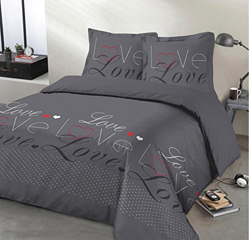 VISION - Bettwäsche Love Anthrazit – Set Bettbezug 240 x 220 cm mit 2 Kissenbezügen für Standard-Doppelbett – 100% Baumwolle von VISION