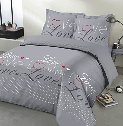 VISION - Bettwäsche Love Grey, Bettbezug 200 x 200cm und 2 passende Kissenbezüge, 100% Baumwolle von VISION