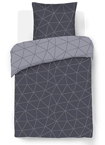 Vision - Wendebettwäsche Hugo Anthrazit – Bettbezug 140 x 200 cm mit 1 Kissenbezug für Einzelbett – 100% Baumwolle von VISION