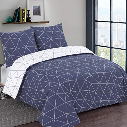 Vision - Wendebettwäsche – Hugo Marineblau/weiß – Bettbezug 240 x 220 cm mit 2 Kissenbezügen für Doppelbett – 100% Baumwolle von VISION