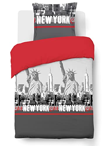 Vision - Bettwäsche New York, Rot – Bettbezug 140 x 200 cm mit 1 Kissenbezug 65 x 65 cm – 100% Baumwolle von VISION
