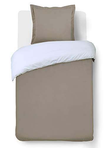 Vision - Wende-Bettwäsche, zweifarbig, Taupe/Weiß – Bettbezug 140 x 200 cm mit 1 Kissenbezug für Einzelbett – 100 % Baumwolle von VISION