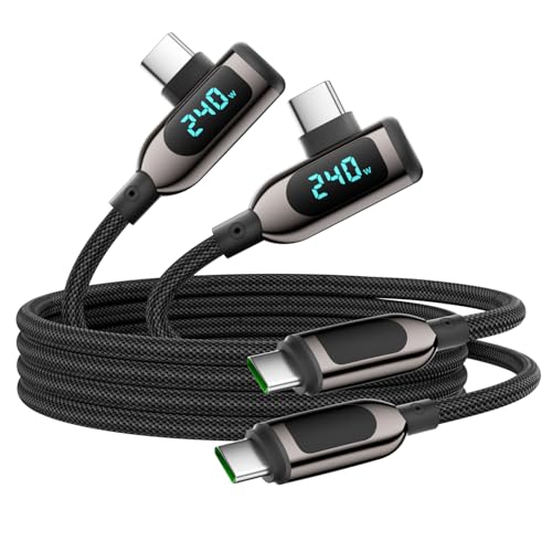 VisionSync 240 W rechtwinkliges USB-C-auf-USB-C-Kabel [2m/2er-Pack], geflochtenes Nylon-Schnellladekabel Typ C mit LED-Anzeige für iPhone 16/15 Pro Max, Galaxy S25/S24 Ultra, MacBook, Laptop, Schwarz von VisionSync