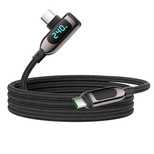 VisionSync 240 W rechtwinkliges USB-C-auf-USB-C-Kabel [2m], geflochtenes Nylon-Schnellladekabel Typ C mit LED-Anzeige für iPhone 16/15 Pro Max, Galaxy S25/S24 Ultra, MacBook, Laptop, Schwarz von VisionSync