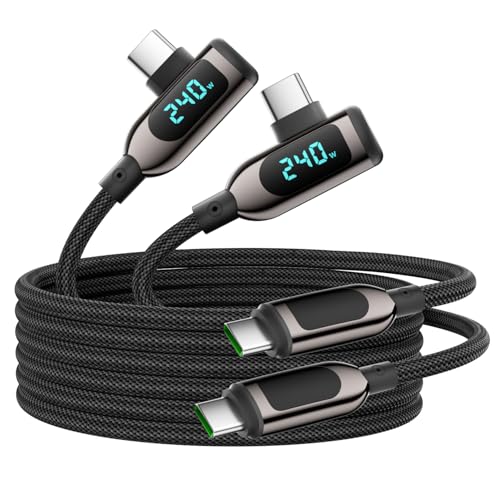 VisionSync 240 W rechtwinkliges USB-C-auf-USB-C-Kabel [3m/2er-Pack], geflochtenes Nylon-Schnellladekabel Typ C mit LED-Anzeige für iPhone 16/15 Pro Max, Galaxy S25/S24 Ultra, MacBook, Laptop, Schwarz von VisionSync