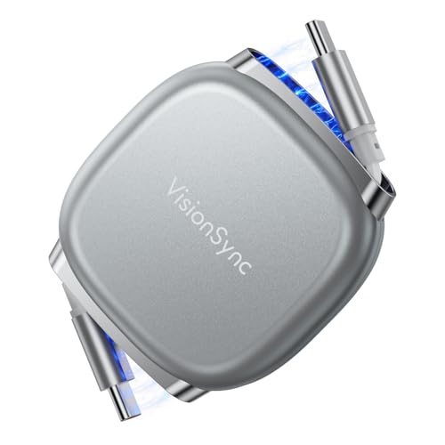 VisionSync 240W Retraierbares USB C Kabel (1m),Mini Einziehbares USB C Schnellladekabel mit Mag Snap-Aufbewahrung,5-stufige voreingestellte Längen für iPhone 16/15 Pro Max,Samsung S25/24,Grau von VisionSync