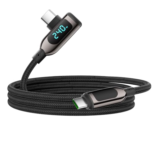 VisionSync 240W rechtwinkliges USB-C-auf-USB-C-Kabel [1.2m], geflochtenes Nylon-Schnellladekabel Typ C mit LED-Anzeige für iPhone 16/15 Pro Max, Galaxy S25/S24 Ultra, MacBook, Laptop, Schwarz von VisionSync