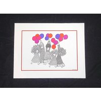 Julie Corsover Kinderdrucke "Flying Balloons" - Vintage 1973 Ungerahmt Brandneu von VisionaryWhimsy