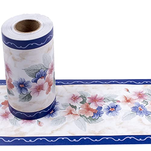 Bordüre selbstklebend Blaue Blumen 10 cm x 1000 cm zum Aufkleben für Wohnzimmer Küche Badezimmer Tapetenrahmen Abnehmbare Wasserdicht Bodenleiste Verdicken PVC Dekorative Bordüre von VisitRyl