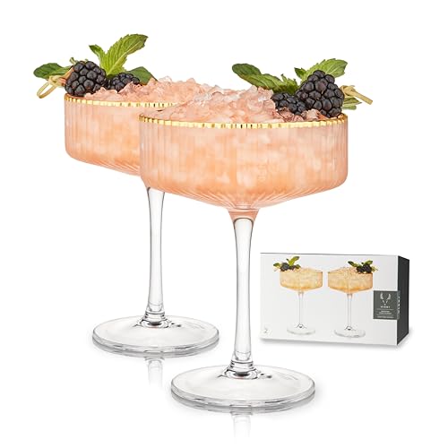 TRUE Viski Meridian Vintage Coupe Gläser, Art Deco Champagne Coupe Glasware, Goldrand Stiel Trinkgeschirr Set mit 2 Stück, 326 ml TRUE Viski Meridian Vintage Coupe Gläser, Art Deco Champagne Coupe Glasware, Goldrand Stiel Trinkgeschirr Set mit 2 Stück, 326 ml von Viski