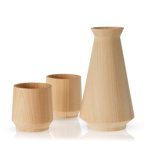 Viski Hinoki Zypresse Japanisches Sake-Set Holzbecher und Karaffe für Sakeflasche und japanische Getränke, 3-teiliges Set von Viski