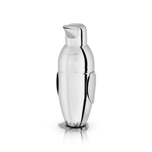 Viski 2670 Penguin with Strainer Edelstahl Cobbler Shaker für Margaritas, Whiskey Sours, Bar Cart Zubehör für Home Bars, Cocktail Party Essentials, Silber von Viski