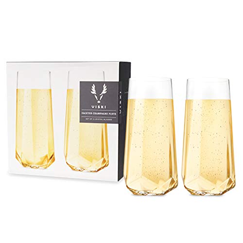 Viski Raye Champagnerflöten, facettiert, 2 Stück, hochwertiges kristallklares Glas, modernes Stiellos, Champagnerglas, Geschenkset – 284 ml von Viski